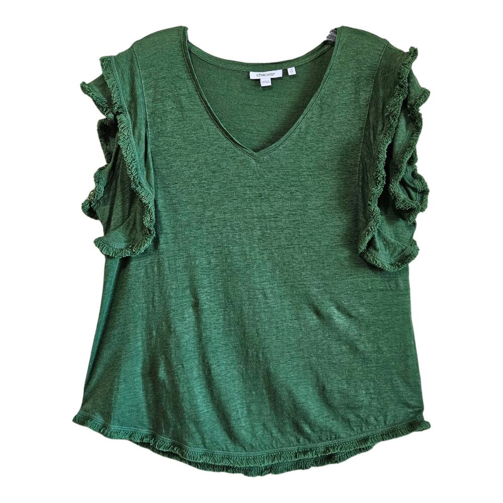CHICO'S 2 Women's L 100% Linen Top Green Fringe Short Flutter Sleeve 38"